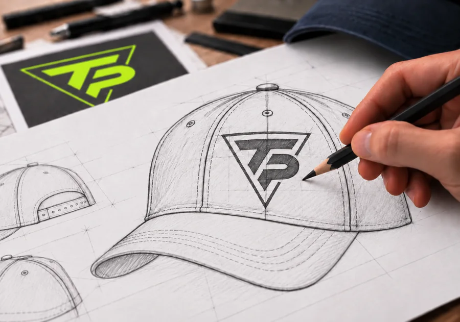 Hand-drawn pencil sketch of a cap with the Nord IL crest.