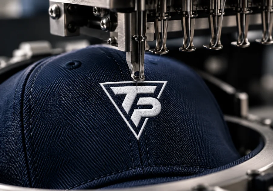 Embroidery machine stitching the Nord IL crest onto a navy cap.