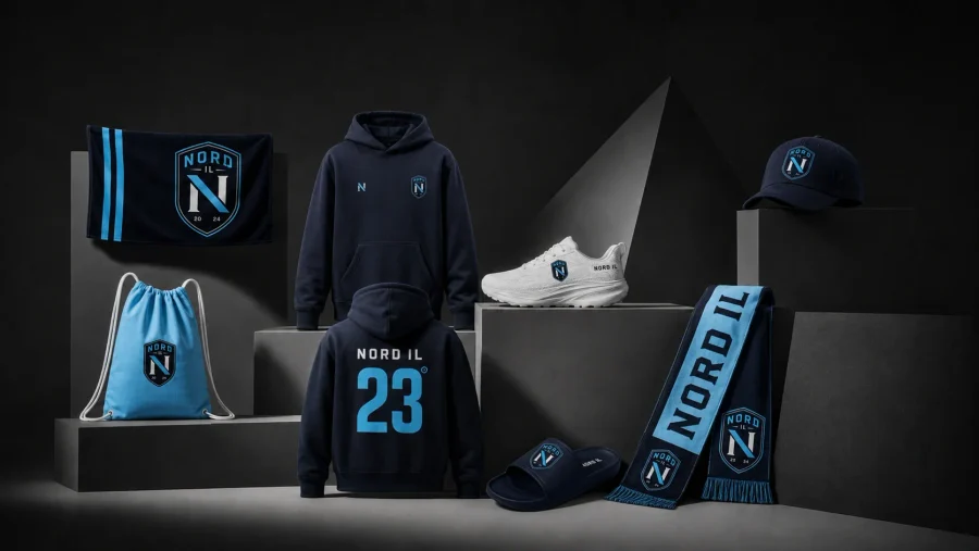 The Nord IL collection together: hoodies, caps, scarves, gym bag, shoes and slippers.