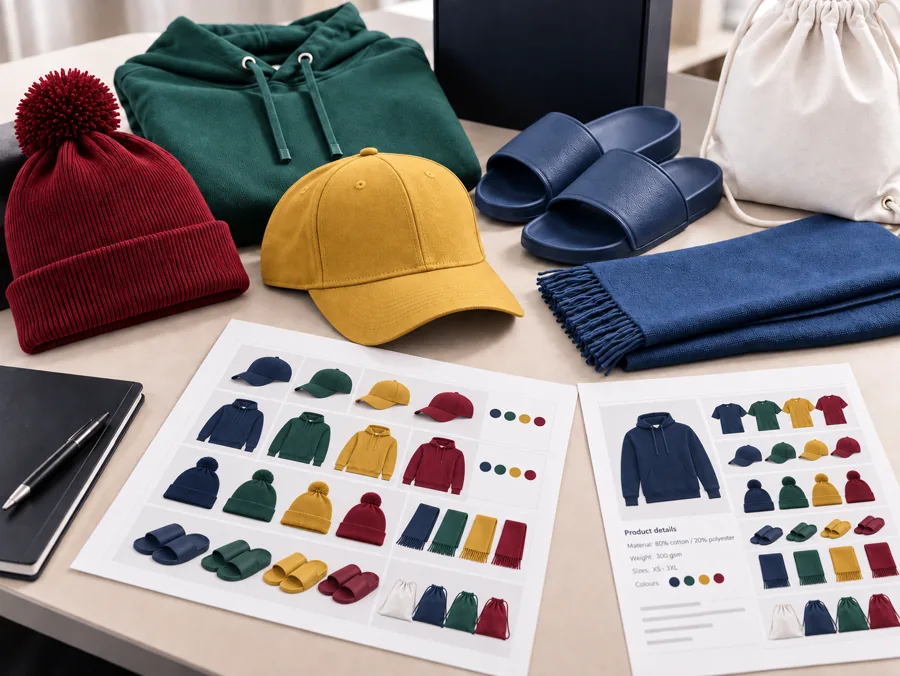 Beanie, hoodie, cap, slippers, scarf and gym bag in different colours on a table, with product sheets showing the colour options.