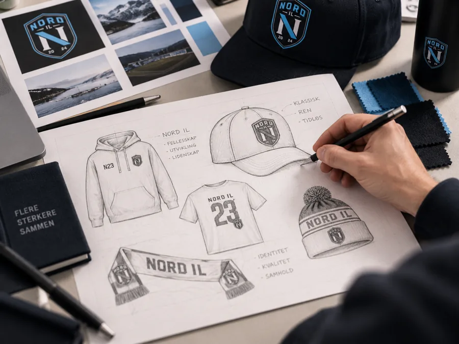 Skisser av caps, hettegenser, t-skjorte og lue med Nord IL-merket på et tegnebord.