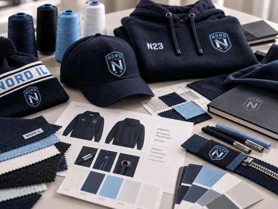 Fabric swatches, thread and colour charts in navy and light blue around a Nord IL cap and hoodie.