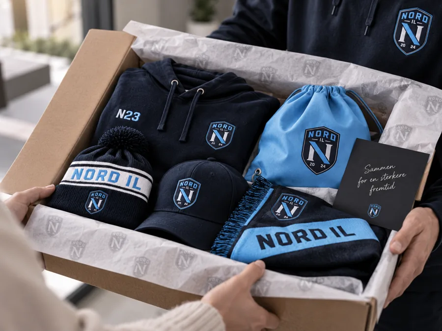 Eske med Nord IL-produkter pakket i silkepapir, klar til supporteren.