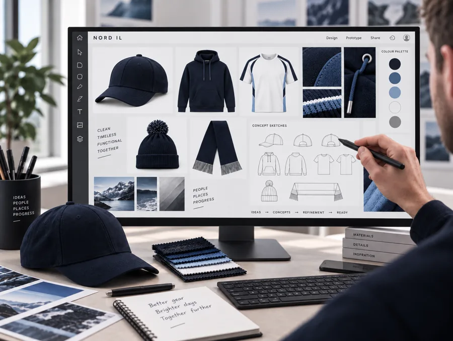 Designer at a screen showing Nord IL products, a colour palette and sketches.