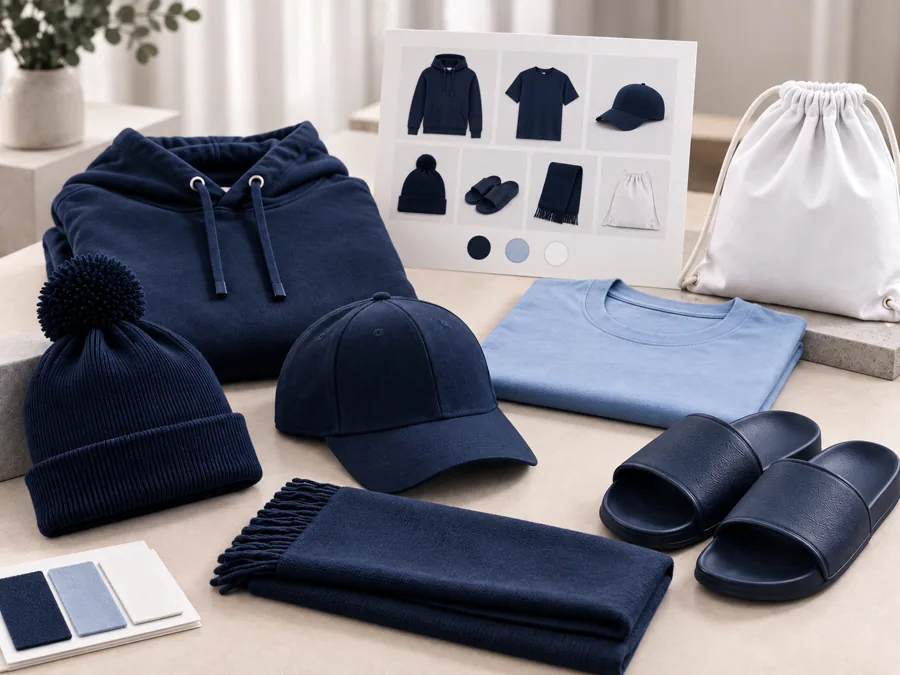 Marineblå hettegenser, lue, caps, skjerf og slippers med produktark ved siden av.